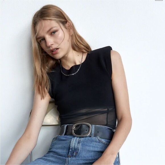 NWT Zara Black Sleeveless Mesh Shoulder Pads Top - Picture 1 of 5